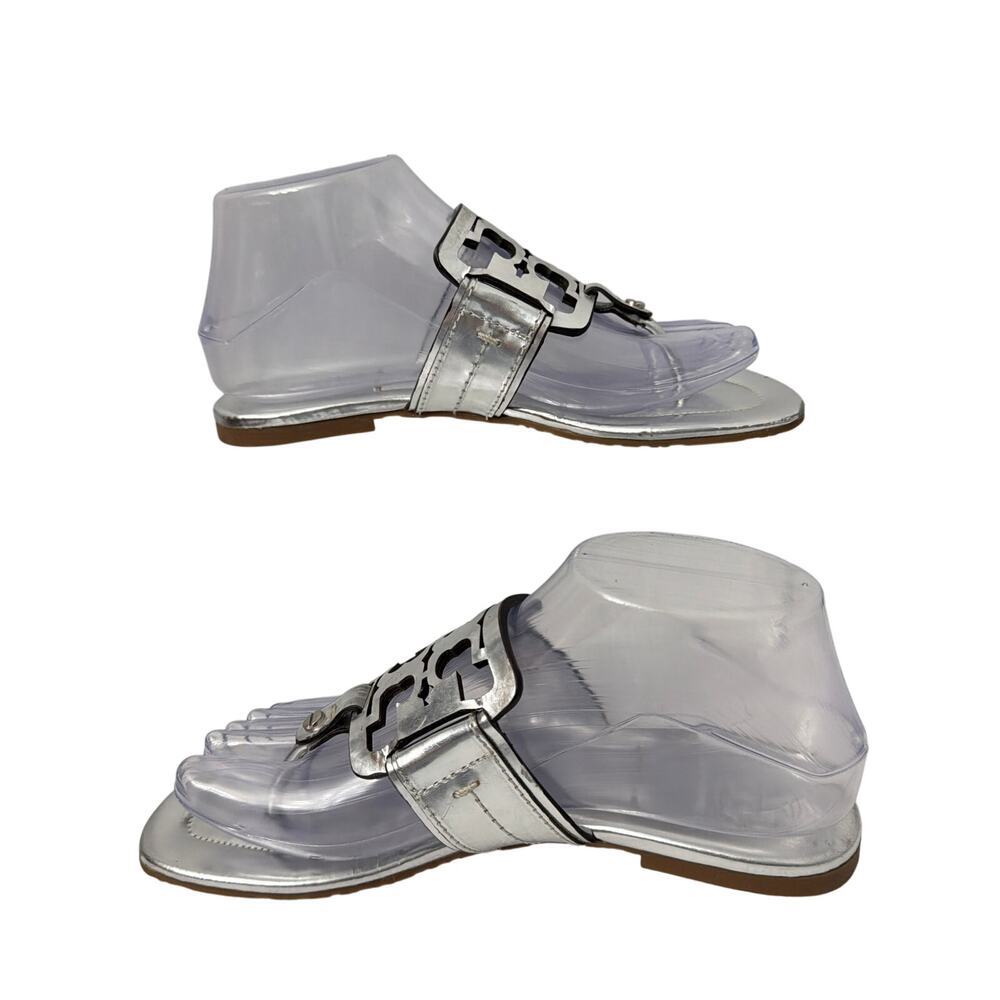 Tory Burch Miller Sandals Womens Size 6.5 Silver Metallic Leather Flat - Picture 12 of 13
